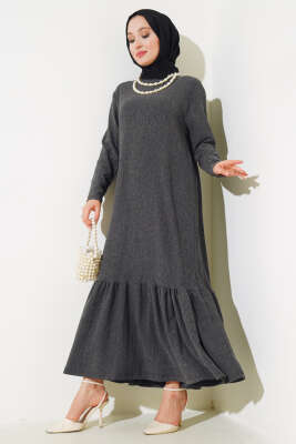 	 Volanlı Bürümcük Elbise Füme - YAZGI TEKSTİL