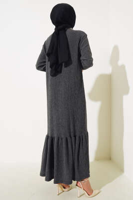 	 Volanlı Bürümcük Elbise Füme - Tesettür Elbise