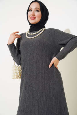 	 Volanlı Bürümcük Elbise Füme - Tesettür Elbise