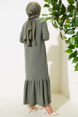 	 Volanlı Bürümcük Elbise Haki - Tesettür Elbise