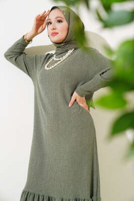 	 Volanlı Bürümcük Elbise Haki - Tesettür Elbise