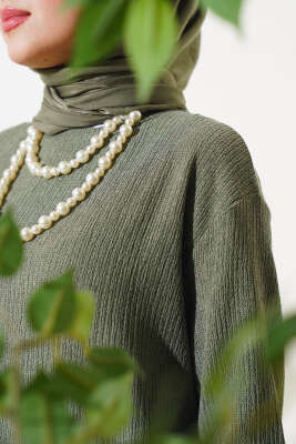 	 Volanlı Bürümcük Elbise Haki - Tesettür Elbise