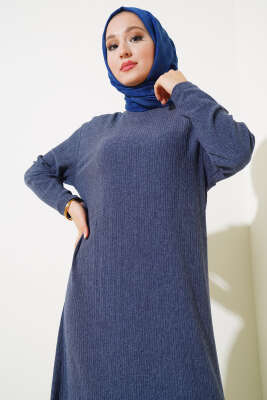 	 Volanlı Bürümcük Elbise İndigo - Tesettür Elbise