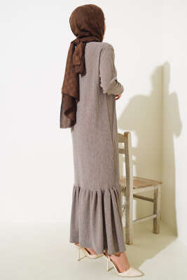 Volanlı Bürümcük Elbise Vizon - Tesettür Elbise