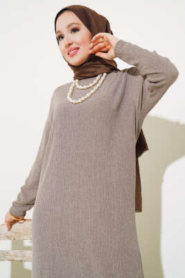 Volanlı Bürümcük Elbise Vizon - Tesettür Elbise