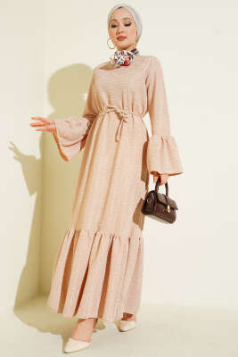 Volanlı Damla Örme Elbise Bej - VAV TEKSTİL