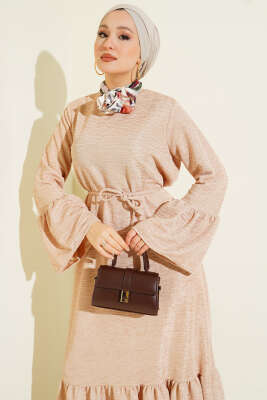 Volanlı Damla Örme Elbise Bej - Elbise