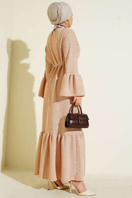 Volanlı Damla Örme Elbise Bej - Elbise