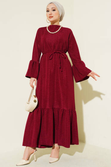 Volanlı Damla Örme Elbise Bordo - Elbise