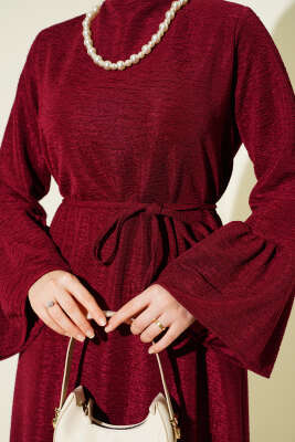 Volanlı Damla Örme Elbise Bordo - Elbise