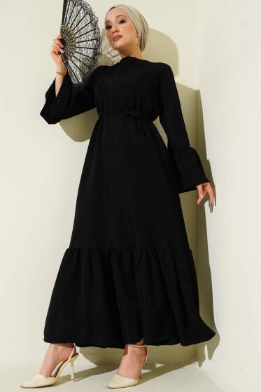 Volanlı Damla Örme Elbise Siyah - Elbise