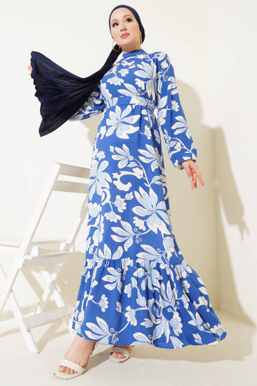 Volanlı Desenli Kuşaklı Elbise İndigo - Elbise