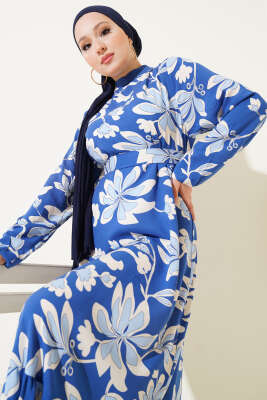 Volanlı Desenli Kuşaklı Elbise İndigo - Tesettür Elbise