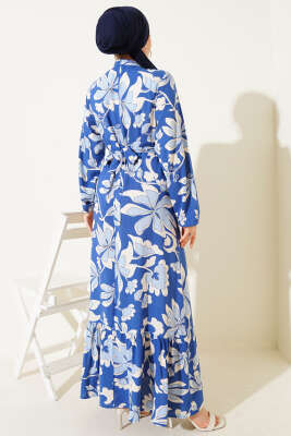 Volanlı Desenli Kuşaklı Elbise İndigo - Tesettür Elbise