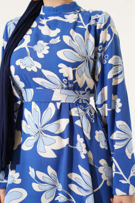 Volanlı Desenli Kuşaklı Elbise İndigo - Tesettür Elbise