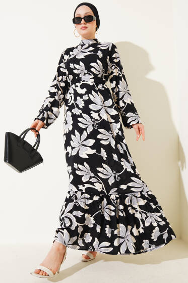 Volanlı Desenli Kuşaklı Elbise Siyah - Elbise