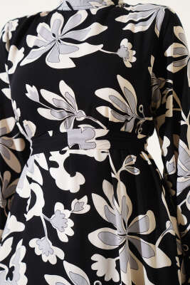 Volanlı Desenli Kuşaklı Elbise Siyah - Tesettür Elbise