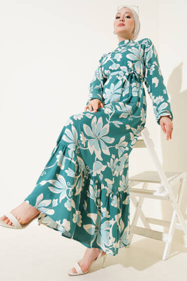 Volanlı Desenli Kuşaklı Elbise Yeşil - Elbise