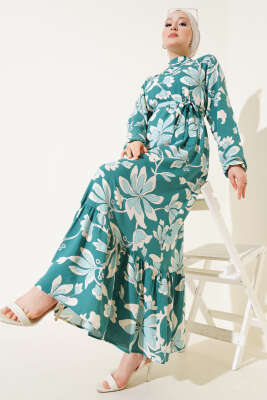 Volanlı Desenli Kuşaklı Elbise Yeşil - DUFON