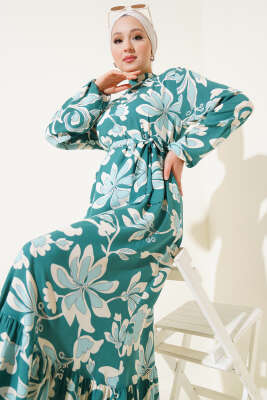 Volanlı Desenli Kuşaklı Elbise Yeşil - Tesettür Elbise