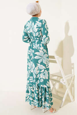 Volanlı Desenli Kuşaklı Elbise Yeşil - Tesettür Elbise