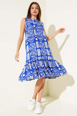 Volanlı Kolsuz Elbise Saks - ADYES