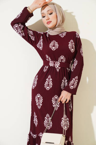 Volanlı Kuşaklı Desenli Bürümcük Elbise Bordo - Elbise