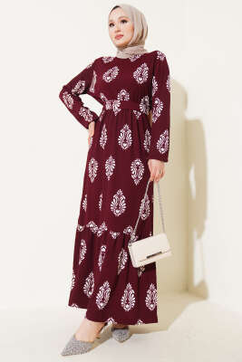 Volanlı Kuşaklı Desenli Bürümcük Elbise Bordo - Tesettür Elbise