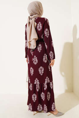 Volanlı Kuşaklı Desenli Bürümcük Elbise Bordo - Tesettür Elbise