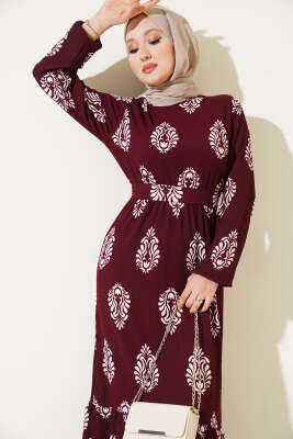 Volanlı Kuşaklı Desenli Bürümcük Elbise Bordo 