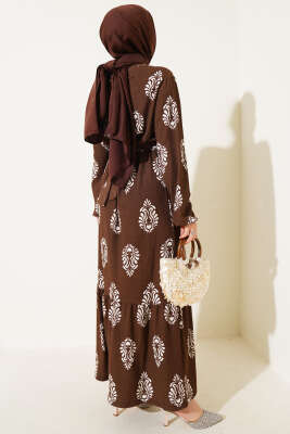 Volanlı Kuşaklı Desenli Bürümcük Elbise Kahve - Tesettür Elbise