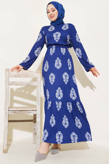 Volanlı Kuşaklı Desenli Bürümcük Elbise Lacivert - Elbise
