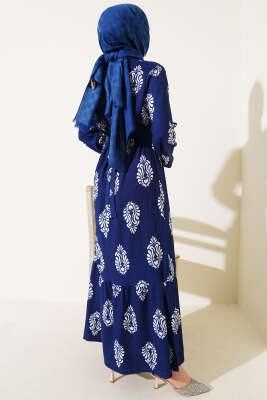 Volanlı Kuşaklı Desenli Bürümcük Elbise Lacivert - Tesettür Elbise