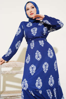 Volanlı Kuşaklı Desenli Bürümcük Elbise Lacivert - Tesettür Elbise