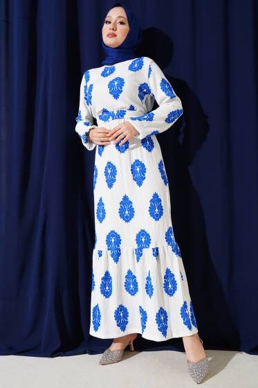 Volanlı Kuşaklı Desenli Bürümcük Elbise Saks - Elbise