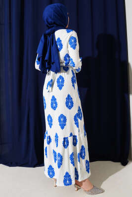 Volanlı Kuşaklı Desenli Bürümcük Elbise Saks - Tesettür Elbise