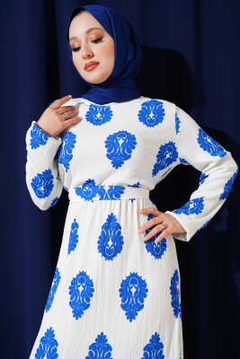 Volanlı Kuşaklı Desenli Bürümcük Elbise Saks - Tesettür Elbise