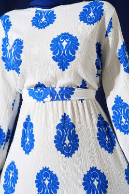 Volanlı Kuşaklı Desenli Bürümcük Elbise Saks - Tesettür Elbise