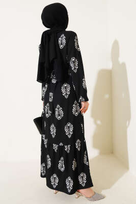 Volanlı Kuşaklı Desenli Bürümcük Elbise Siyah - Tesettür Elbise