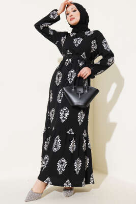 Volanlı Kuşaklı Desenli Bürümcük Elbise Siyah - NESSİA