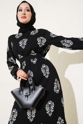 Volanlı Kuşaklı Desenli Bürümcük Elbise Siyah - Tesettür Elbise