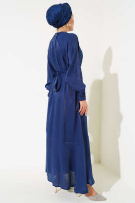Volanlı Parlak Elbise Lacivert - Tesettür Elbise