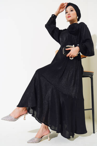 Volanlı Parlak Elbise Siyah - Elbise