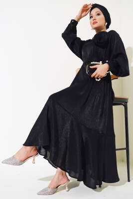 Volanlı Parlak Elbise Siyah 