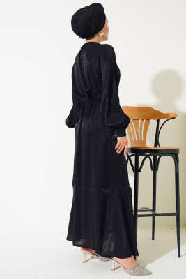 Volanlı Parlak Elbise Siyah - Tesettür Elbise