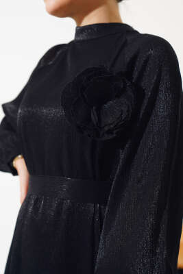 Volanlı Parlak Elbise Siyah - Tesettür Elbise