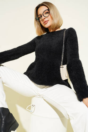 Volanlı Sakallı Kazak Siyah - Kadın Giyim Modelleri