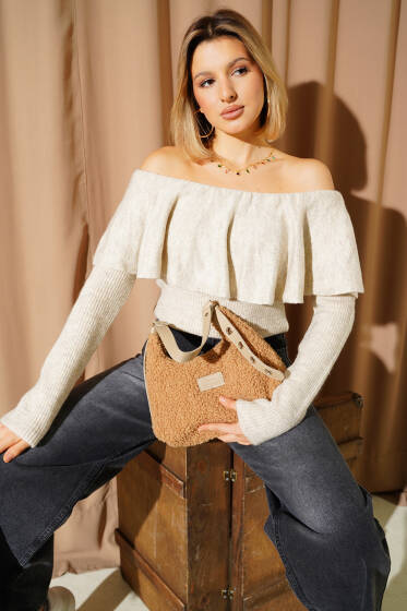 Volanlı Triko Kazak Bej - Kadın Giyim Modelleri