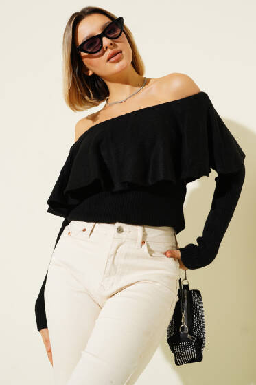 Volanlı Triko Kazak Siyah - Kadın Giyim Modelleri