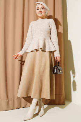 Volanlı Yumoş Triko Kazak Bej - Triko Kazak